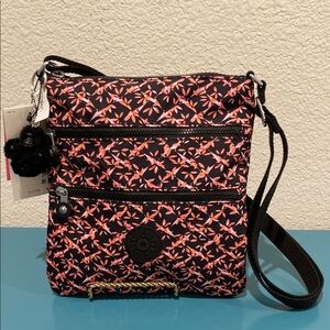 Kipling “Dancing Bouquet” Black and Orange Crossbody Bag with Signature Charm
